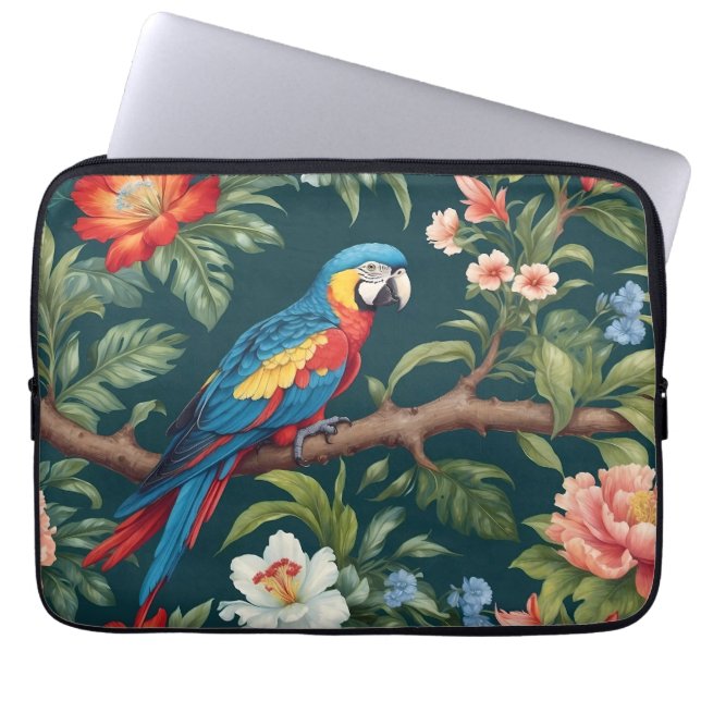 Colourful Parrot Tropical Jungle Leaves Laptop Sleeve (Front)