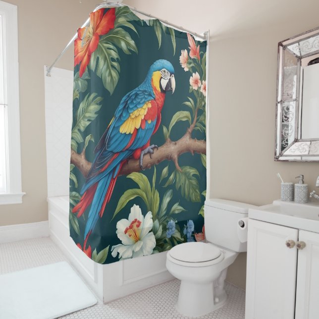 Colourful Parrot Tropical Jungle Leaves Shower Curtain (In Situ)