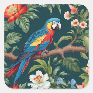 Colourful Parrot Tropical Jungle Leaves Square Sticker