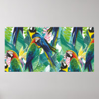 colourful parrots and exotic flowers