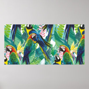 colourful parrots and exotic flowers poster