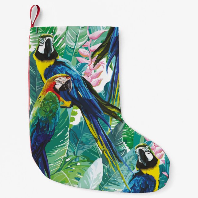 colourful parrots and exotic flowers small christmas stocking (Front)