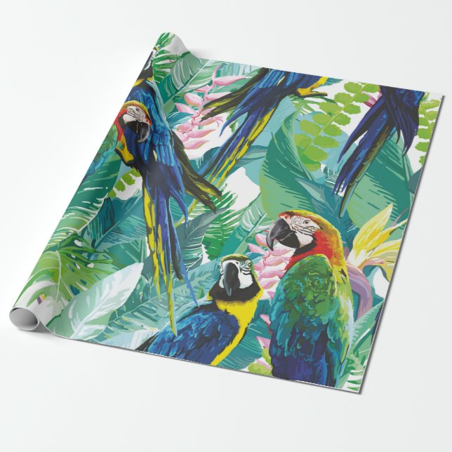 colourful parrots and exotic flowers wrapping paper (Unrolled)