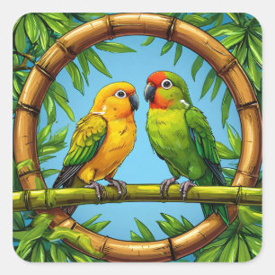 🦜 Colourful Parrots Bamboo Tropical Art 🦜 Square Sticker