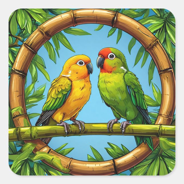 🦜 Colourful Parrots Bamboo Tropical Art 🦜 Square Sticker (Front)