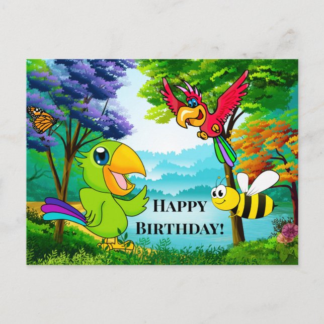 Colourful Parrots Child Birthday Postcard (Front)