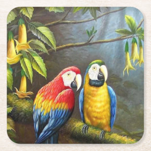 Colourful Parrots Fine Art Square Paper Coaster
