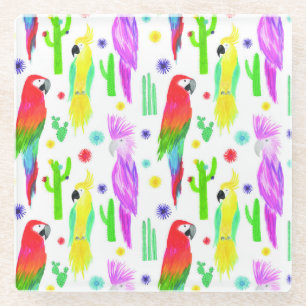 Colourful parrots, hand-drawn pattern. glass coaster