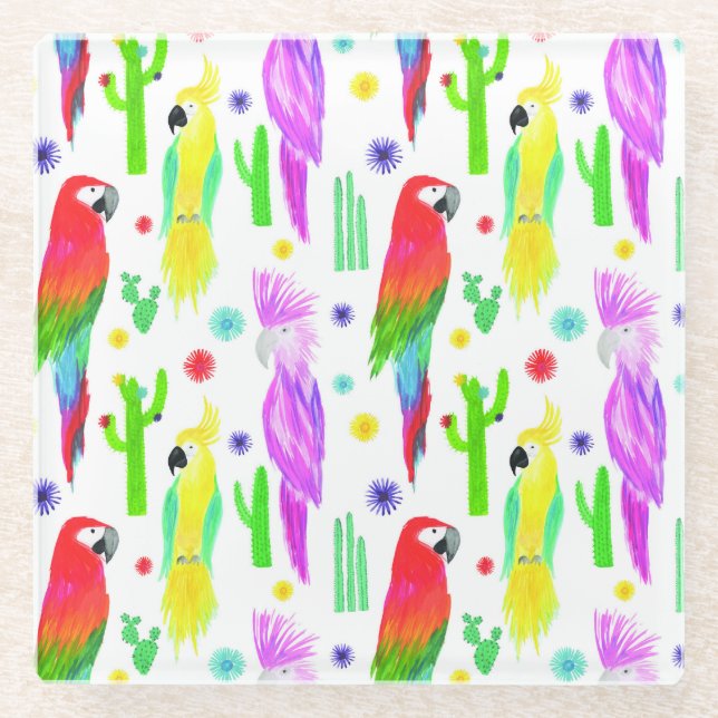 Colourful parrots, hand-drawn pattern. glass coaster (Front)