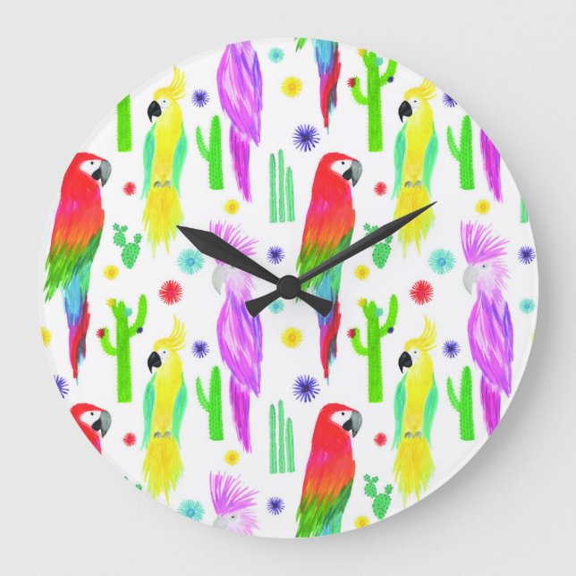 Colourful parrots, hand-drawn pattern. large clock (Front)