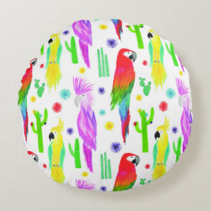 Colourful parrots, hand-drawn pattern. round cushion