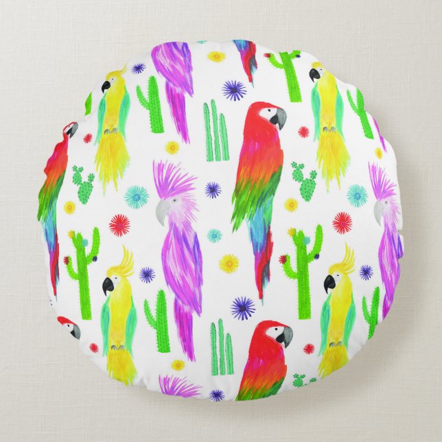 Colourful parrots, hand-drawn pattern. round cushion (Front)