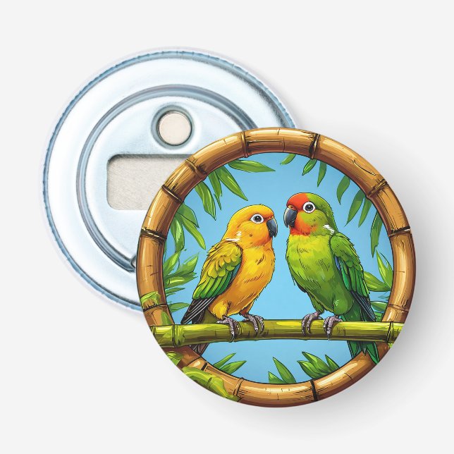 Colourful Parrots Perched on a Bamboo Frame Bottle Opener (Front)