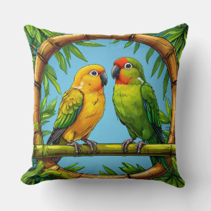 Colourful Parrots Perched on a Bamboo Frame Cushion