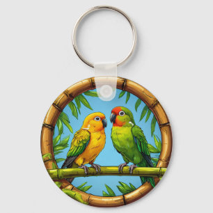 Colourful Parrots Perched on a Bamboo Frame Key Ring