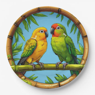Colourful Parrots Perched on a Bamboo Frame Paper Plate