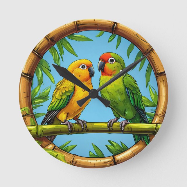 Colourful Parrots Perched on a Bamboo Frame Round Clock (Front)