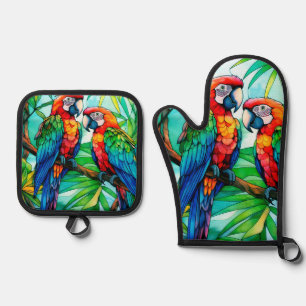 Colourful Parrots Stained Glass Oven Mitt & Pot Holder Set