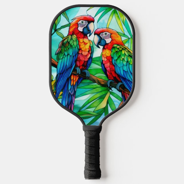 Colourful Parrots Stained Glass Pickleball Paddle (Front)