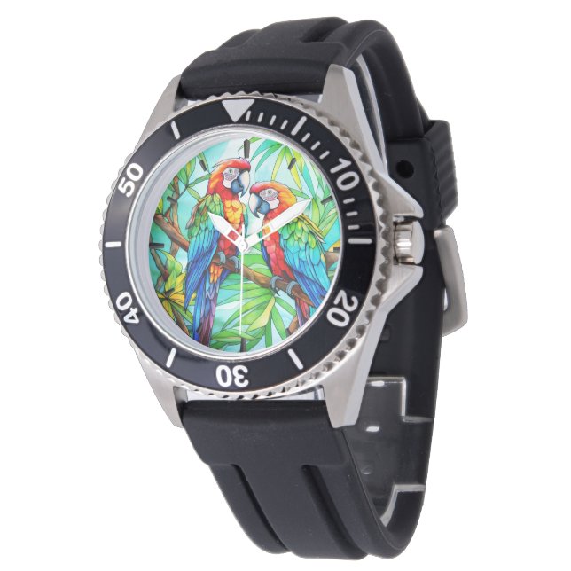 Colourful Parrots Stained Glass Watch (Angled)