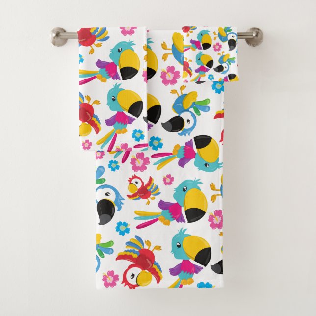 Colourful Parrots, Tropical Parrots, Birds, Flower Bath Towel Set (Insitu)