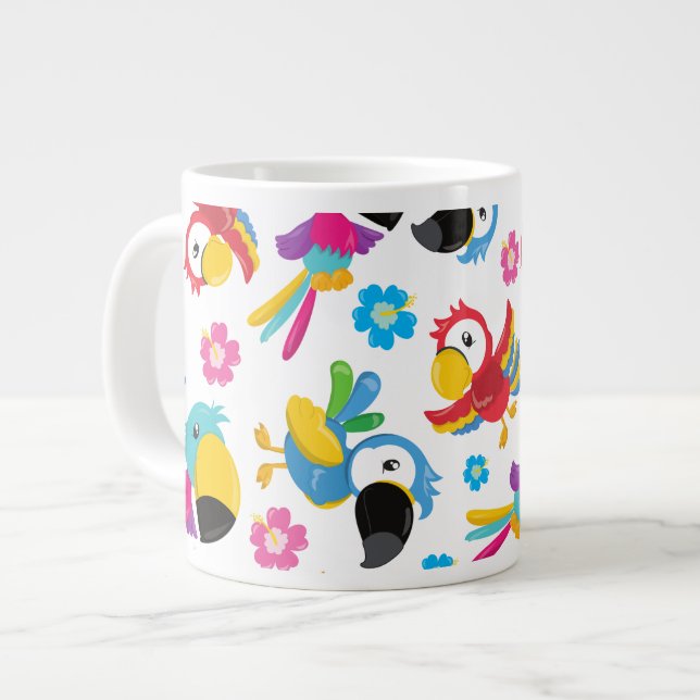 Colourful Parrots, Tropical Parrots, Birds, Flower Large Coffee Mug (Front Left)
