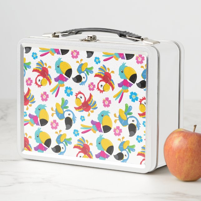 Colourful Parrots, Tropical Parrots, Birds, Flower Metal Lunch Box (In Situ)
