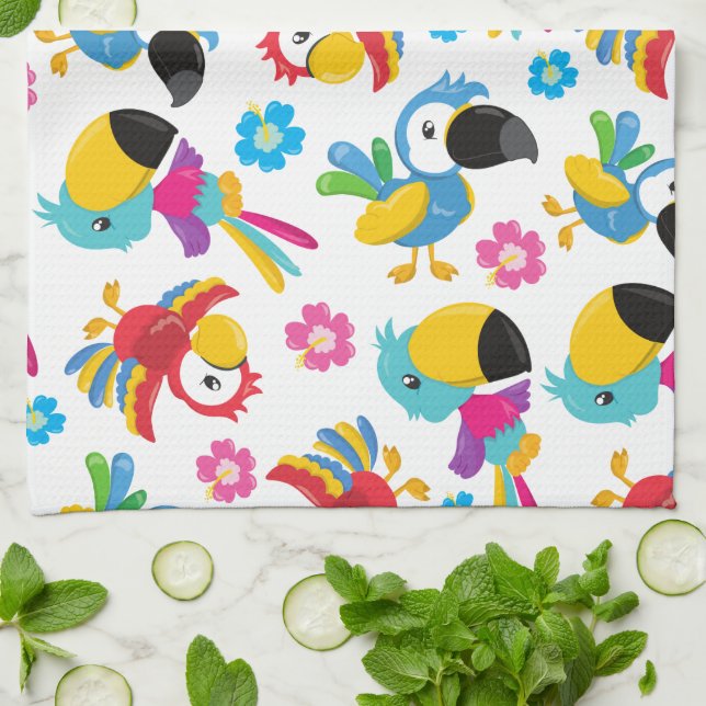 Colourful Parrots, Tropical Parrots, Birds, Flower Tea Towel (Folded)