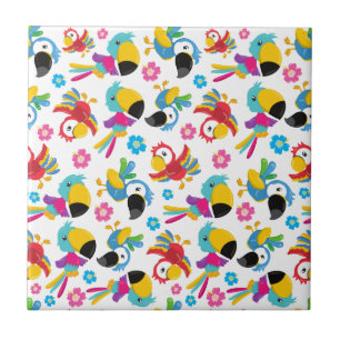 Colourful Parrots, Tropical Parrots, Birds, Flower Tile