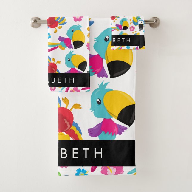 Colourful Parrots, Tropical Parrots, Your Name Bath Towel Set (Insitu)