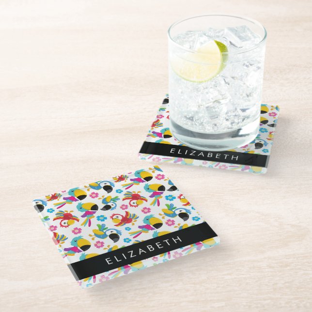 Colourful Parrots, Tropical Parrots, Your Name Glass Coaster (Angled)