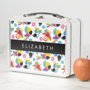 Colourful Parrots, Tropical Parrots, Your Name Metal Lunch Box