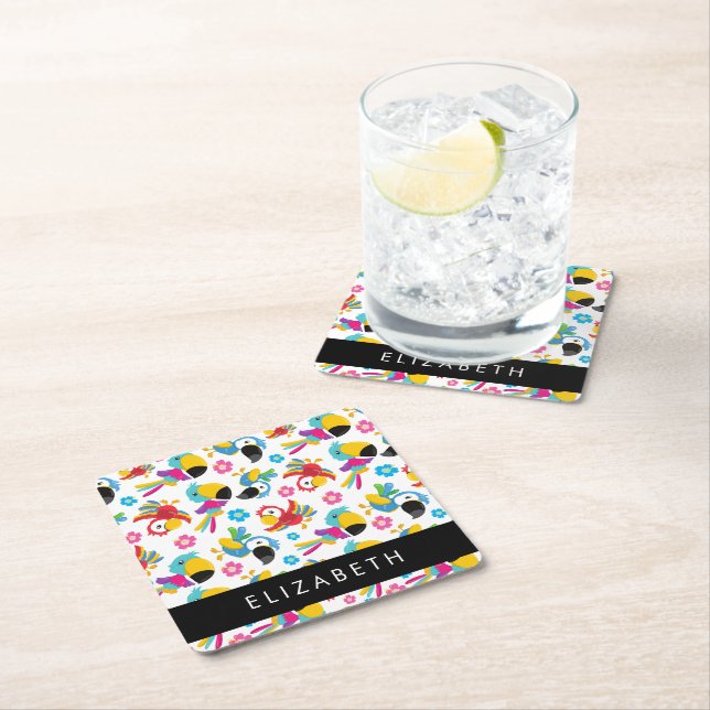 Colourful Parrots, Tropical Parrots, Your Name Square Paper Coaster (Insitu)