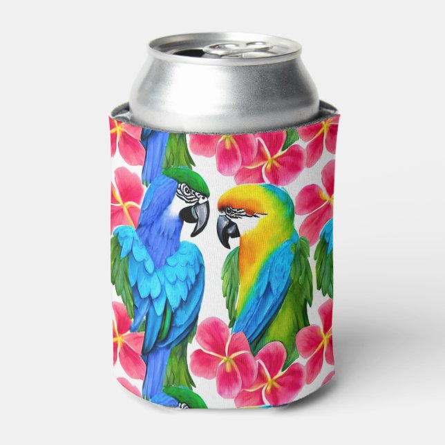 Colourful Parrots with Tropical Flowers Throw Pill Can Cooler (Can Front)
