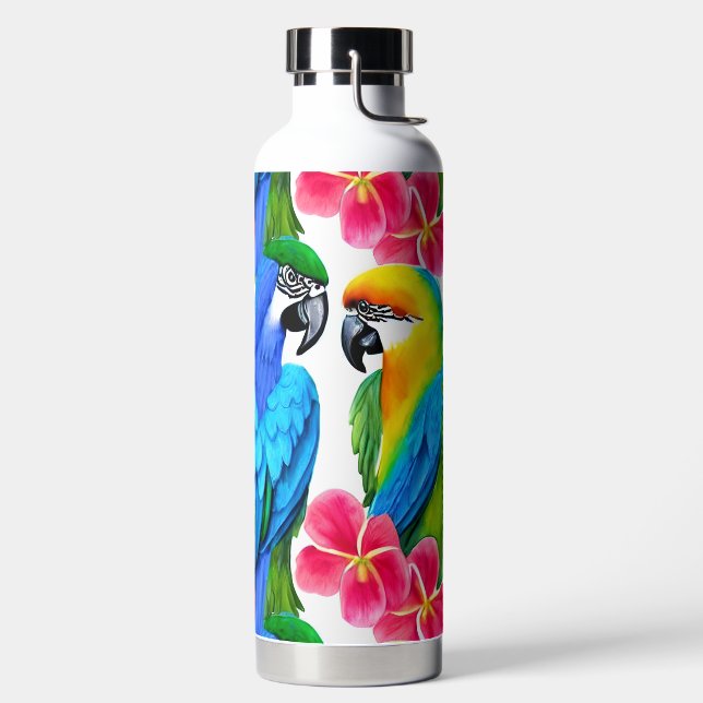 Colourful Parrots with Tropical Flowers  Water Bottle (Left)