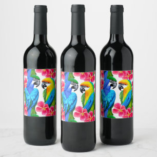 Colourful Parrots with Tropical Flowers  Wine Label