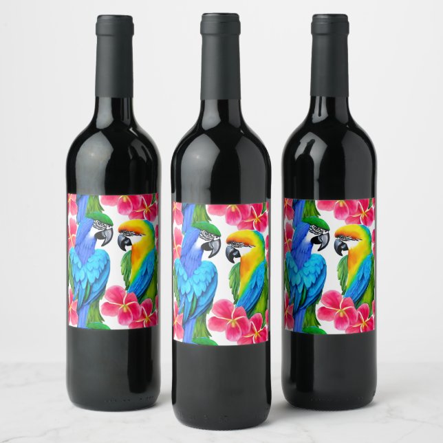 Colourful Parrots with Tropical Flowers  Wine Label (Bottles)