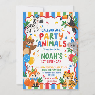 Colourful Party Animals 1st Birthday Invitation