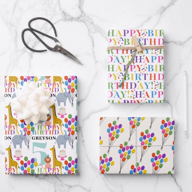 Colourful Party Animals Balloons and Happy Birthda Wrapping Paper Sheet (Front)