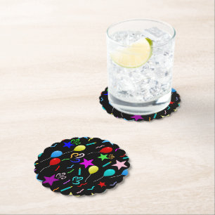 Colourful party balloons and stars paper coaster