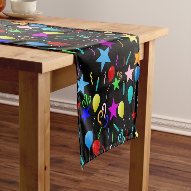 Colourful party balloons and stars short table runner (In Situ)