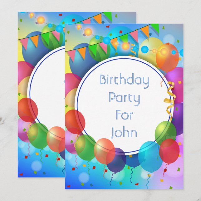 Colourful Party Balloons Invitation (Front/Back)