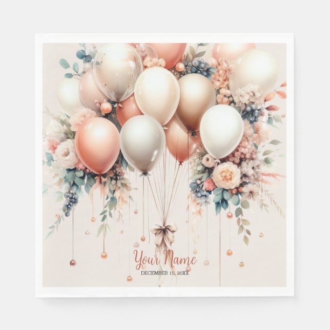 Colourful Party White Peach Floral Balloons E Napkin (Front)
