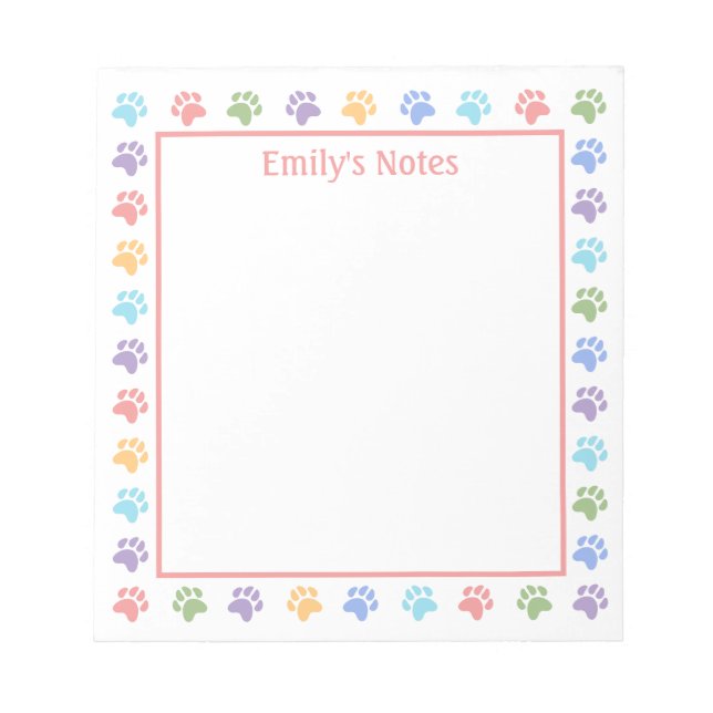 Colourful Pastel Animal Paw Prints And Text Notepad (Front)