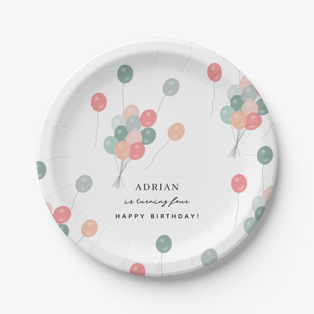 Colourful Pastel Birthday Party Balloons Modern  Paper Plate (Front)