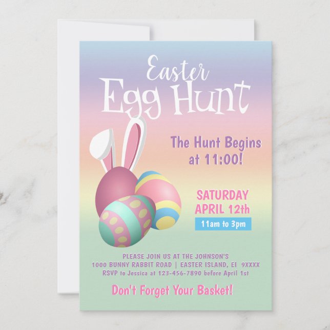Colourful Pastel Bunny Ears Easter Egg Hunt Party Invitation (Front)