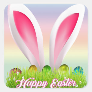 Colourful Pastel Bunny Ears Happy EASTER Square Sticker
