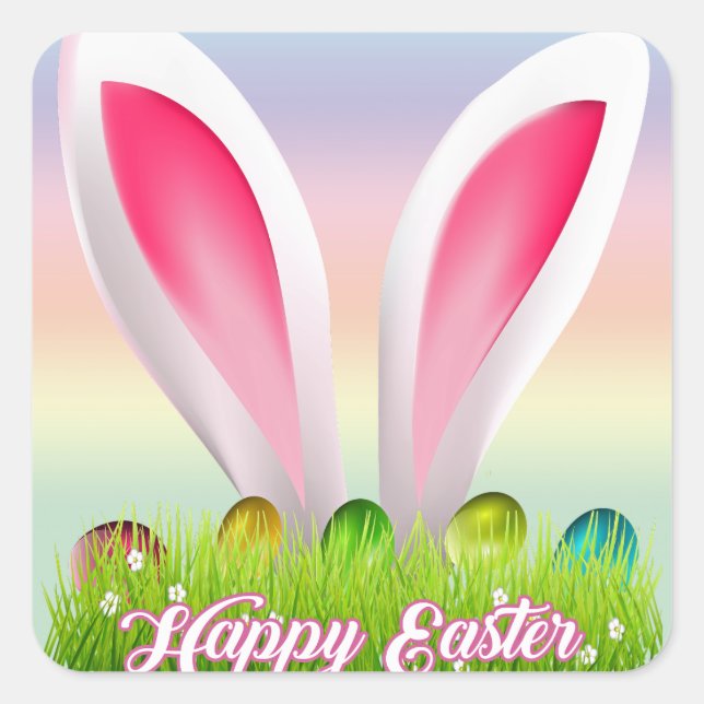 Colourful Pastel Bunny Ears Happy EASTER Square Sticker (Front)