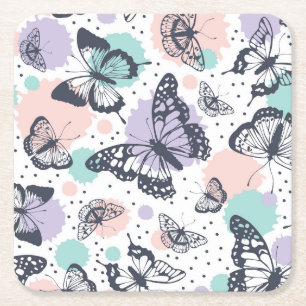 Colourful Pastel Butterfly Sketches Square Paper Coaster