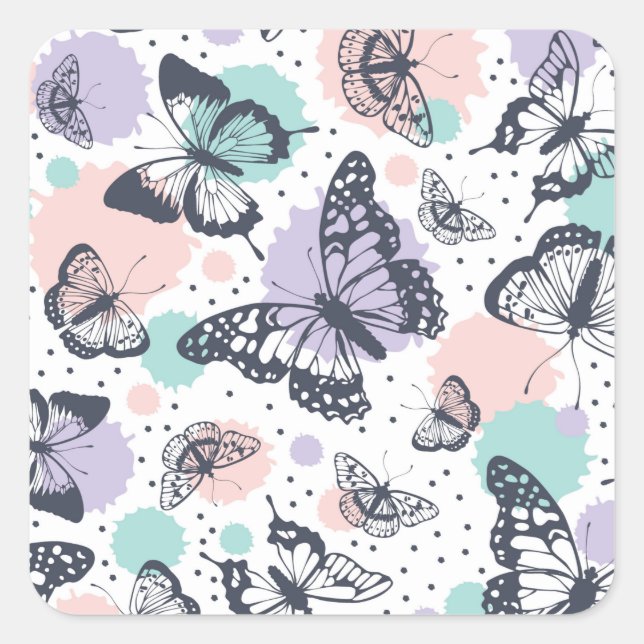 Colourful Pastel Butterfly Sketches Square Sticker (Front)